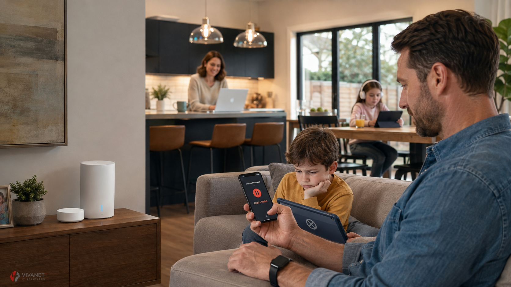 Control parental într-o casă cu sistem Wi-Fi Mesh și mai multe dispozitive