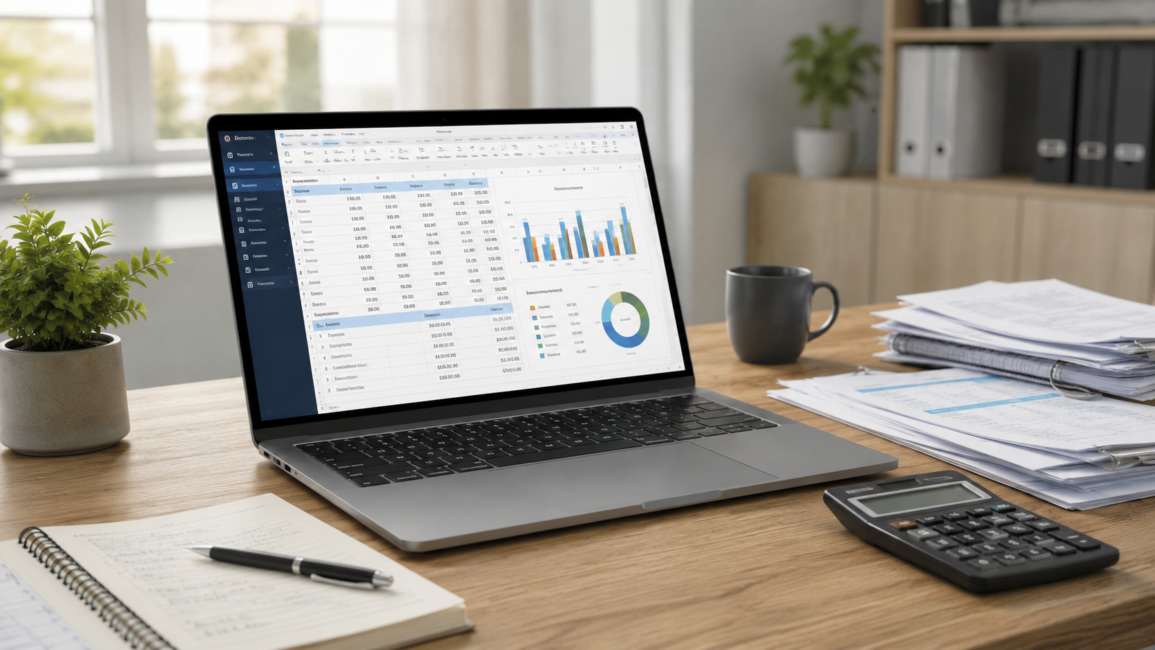 Laptop pentru contabilitate folosit pentru lucru cu documente și date financiare